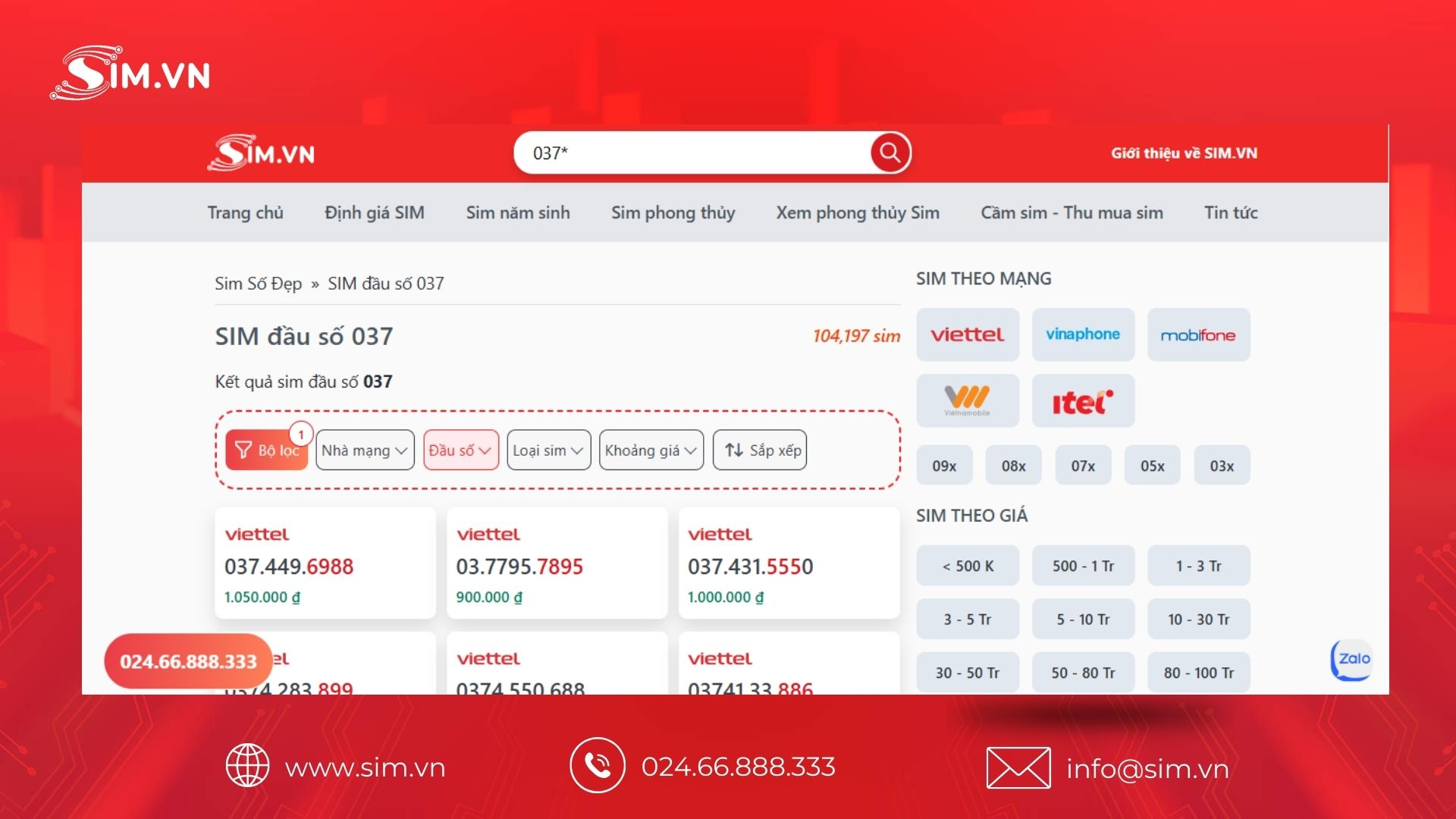 Hướng dẫn chọn Sim đầu số 037 tại SIM.vn