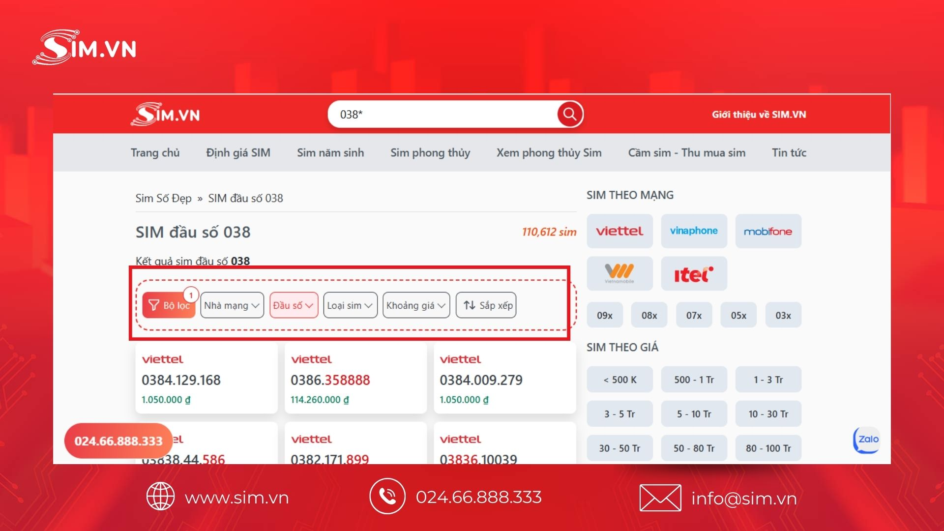 Hướng dẫn chọn Sim đầu số 038 tại SIM.vn