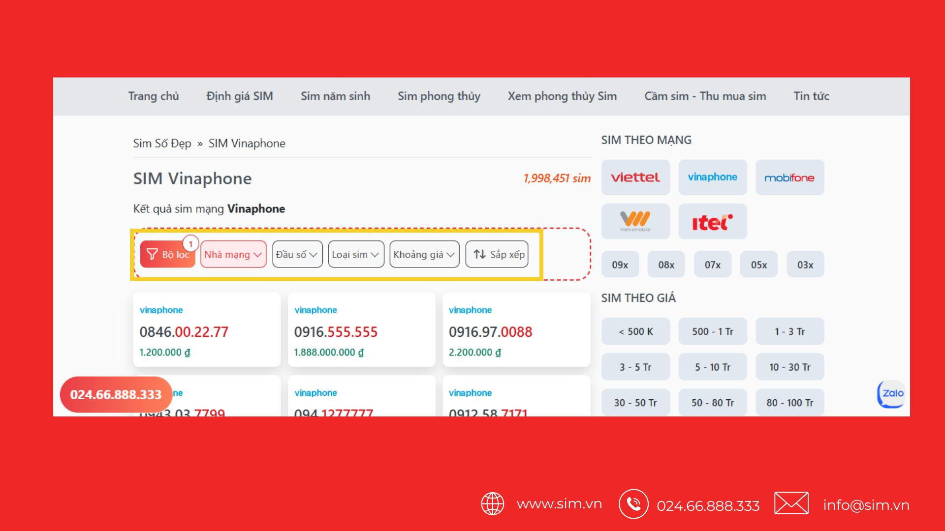 Hướng dẫn chọn Sim Vinaphone trên công cụ SIM.vn